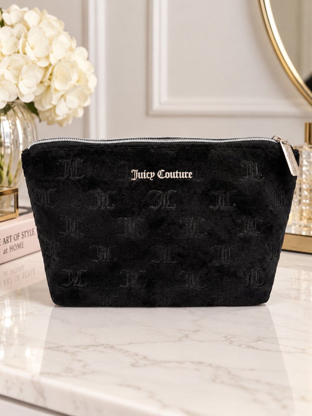 Juicy Couture Black Velour Monogram Cosmetic Makeup Bag Zipper Pouch